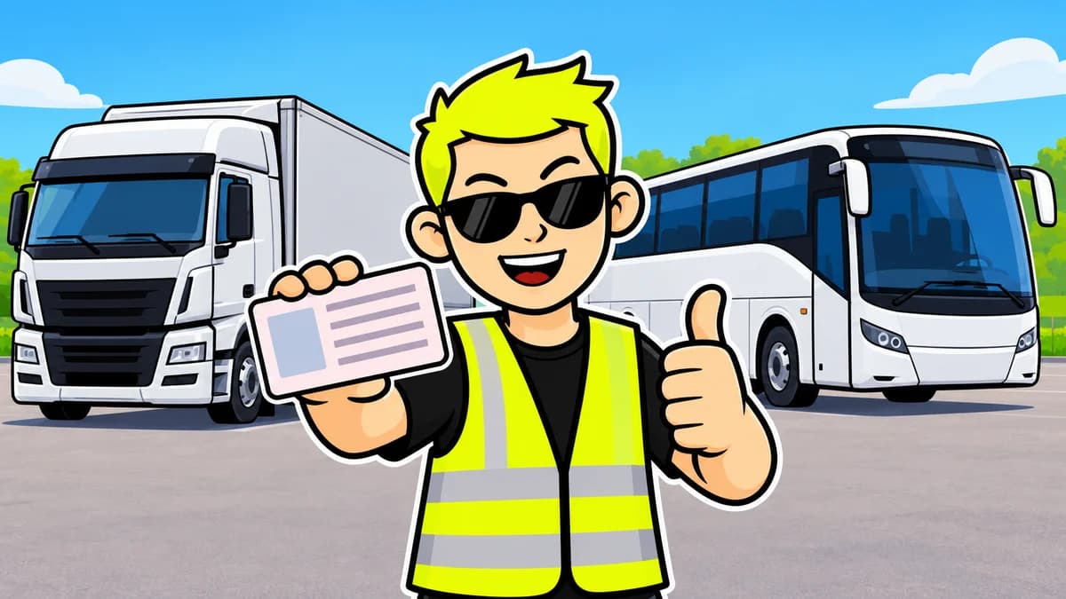 Ilustración de un conductor profesional con un camión y un autobús