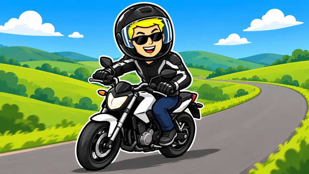 Ilustración de un motorista en una moto ligera por una carretera