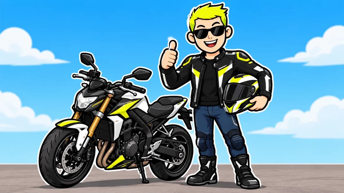 Ilustración de un motorista con chaqueta junto a una moto de media cilindrada