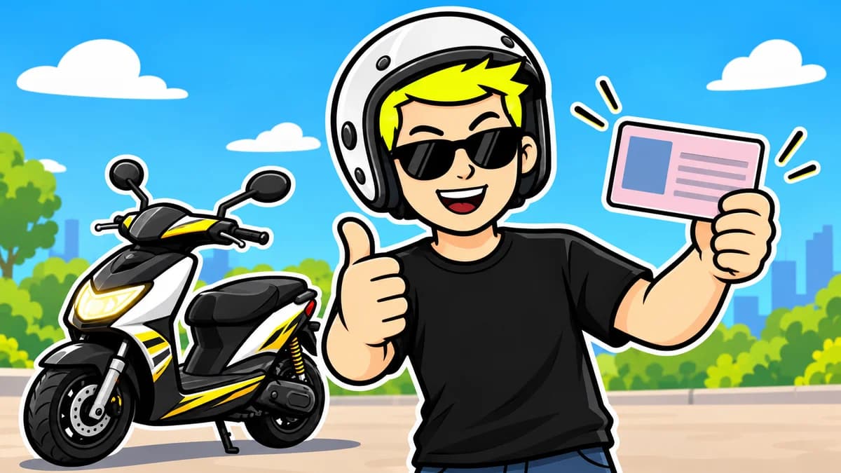 Ilustración de un joven con casco junto a un ciclomotor y un carné genérico