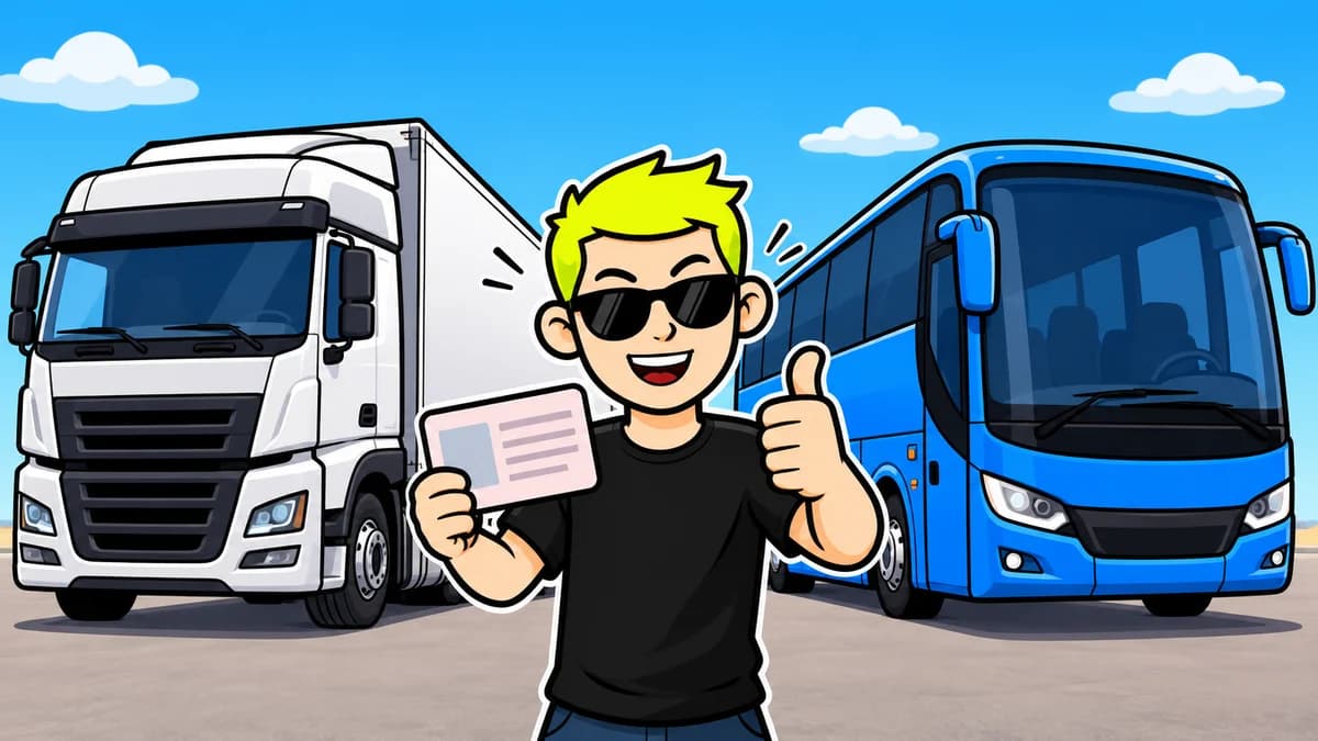 Ilustración de un camión y un autobús junto a un conductor