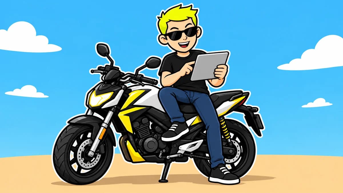 Ilustración de un joven repasando en una moto ligera aparcada