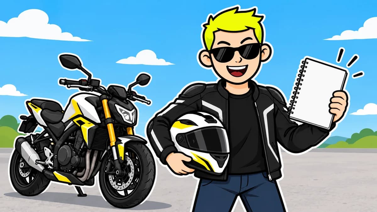 Ilustración de un motorista con casco y cuaderno junto a una moto