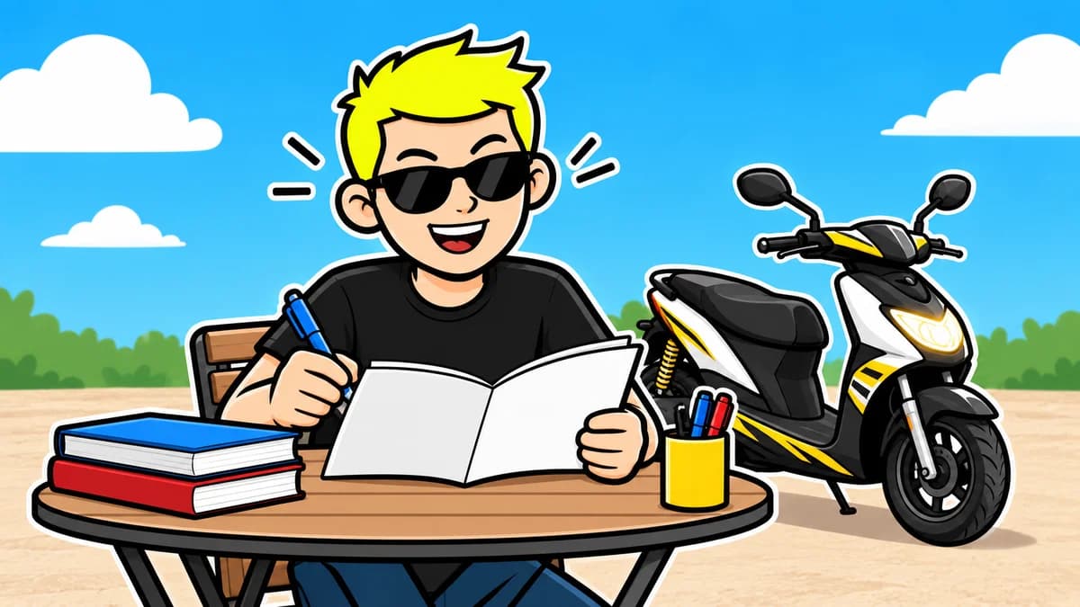 Ilustración de un joven estudiando junto a un ciclomotor
