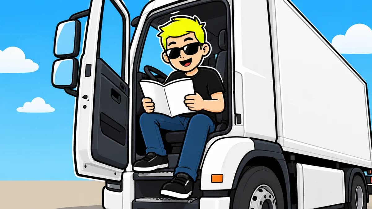 Ilustración de un conductor estudiando en la cabina de un camión