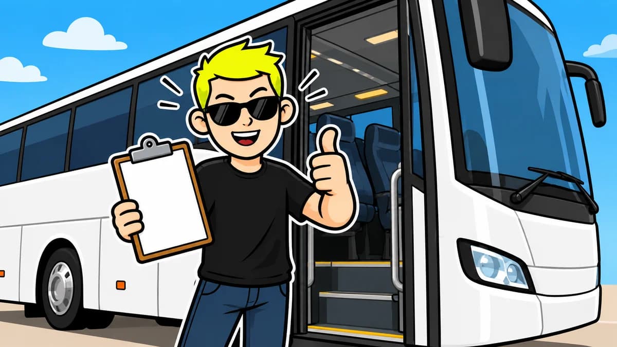 Ilustración de un conductor con una carpeta junto a un autocar