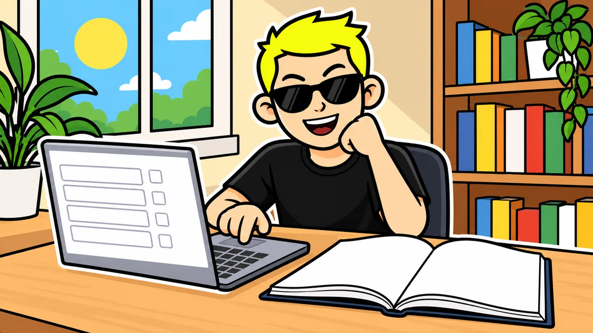 Ilustración de un joven estudiando solo en casa con un portátil y un cuaderno abierto