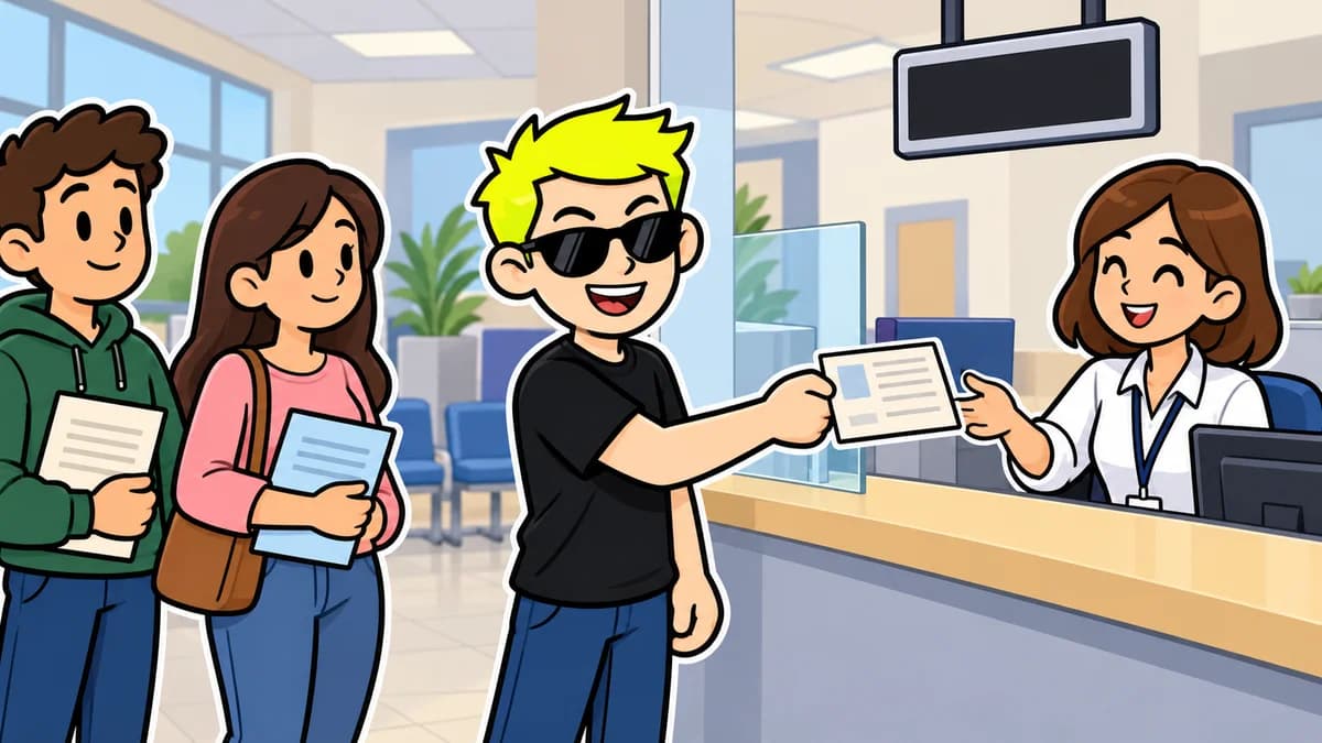 Ilustración de una oficina administrativa con ventanilla de atención