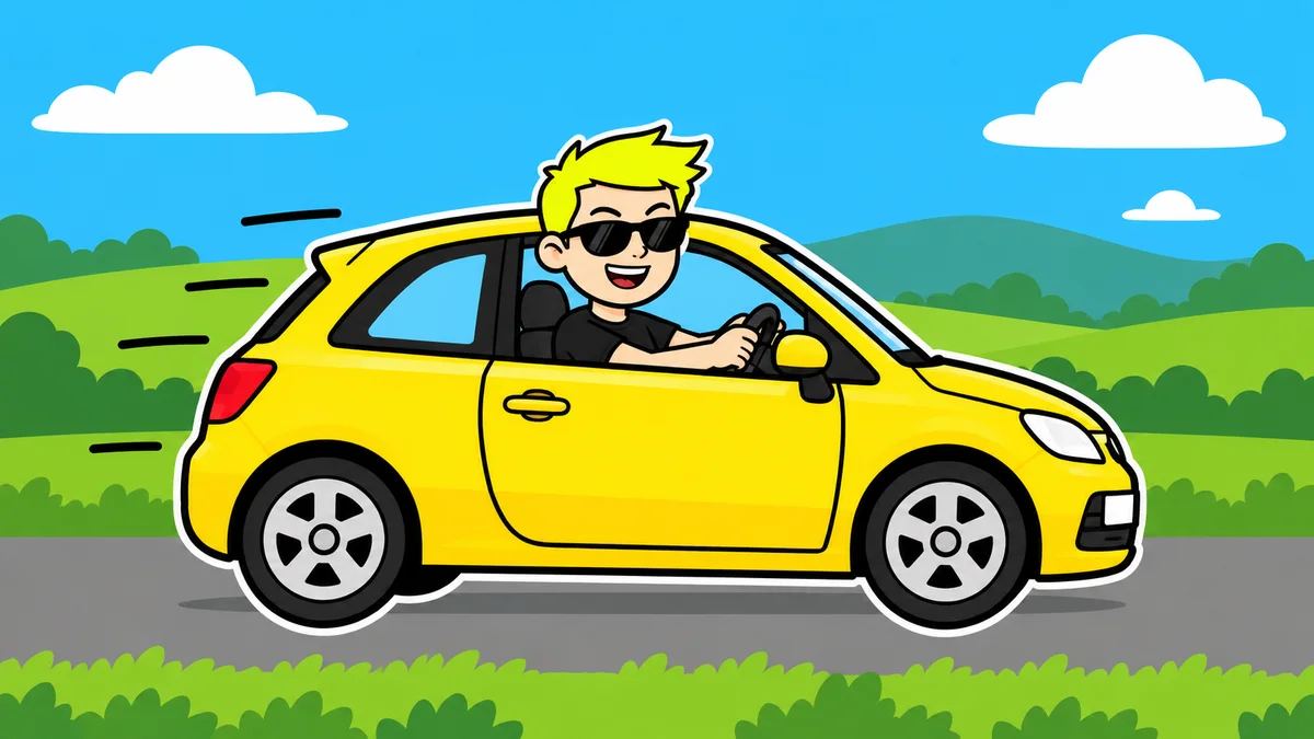 Ilustración de un conductor tranquilo en un coche por una carretera abierta