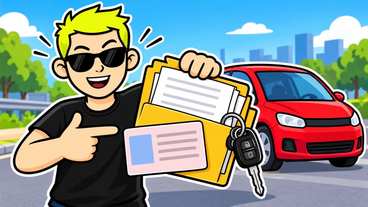 Ilustración de un coche con los documentos del vehículo y las llaves