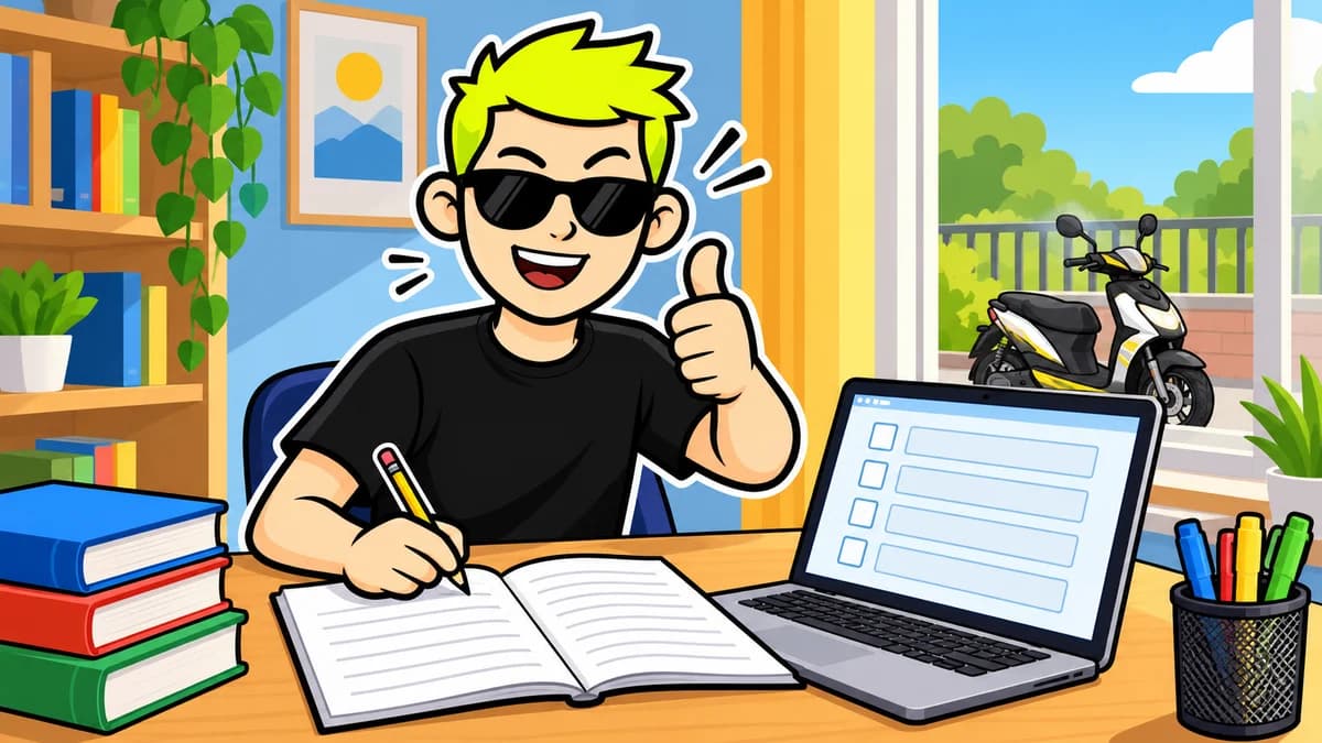 Ilustración de un joven estudiando con un portátil y un cuaderno
