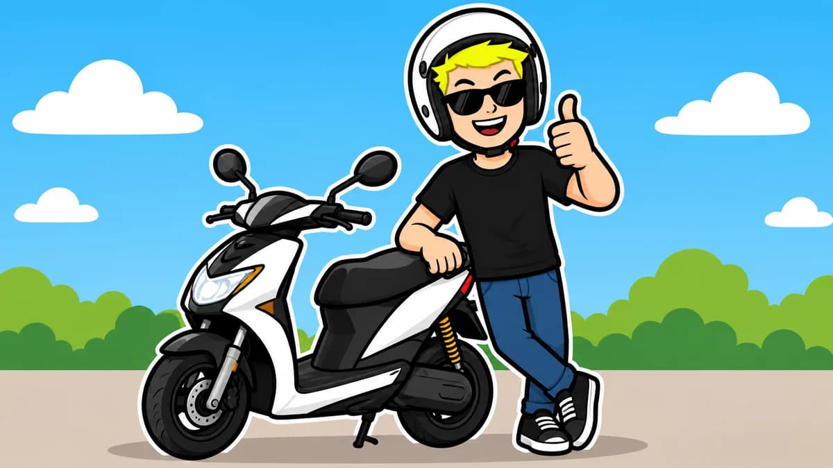 Ilustración de un joven con casco junto a un ciclomotor