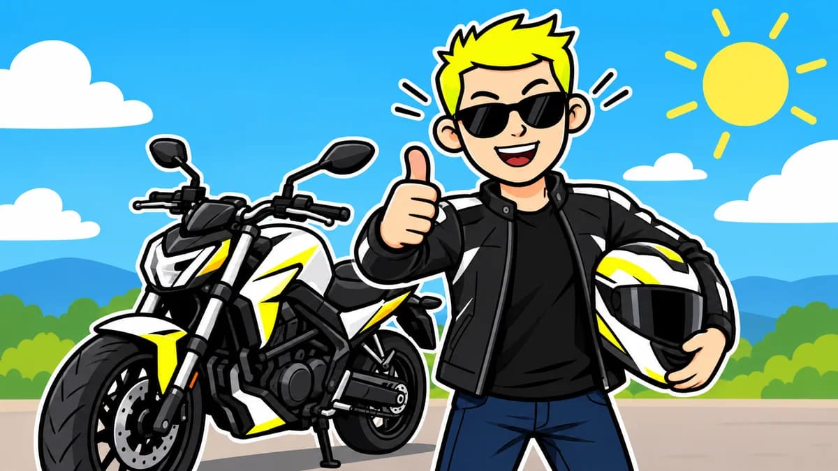 Ilustración de un joven junto a una moto ligera