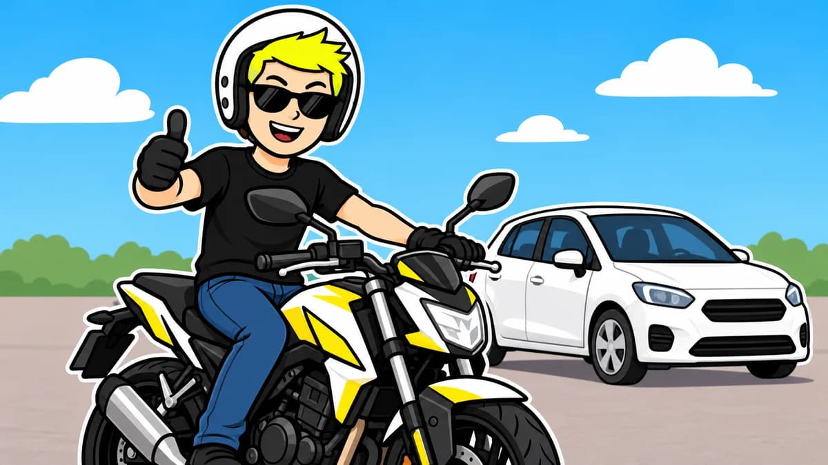 Ilustración de un joven en moto ligera con un coche al fondo