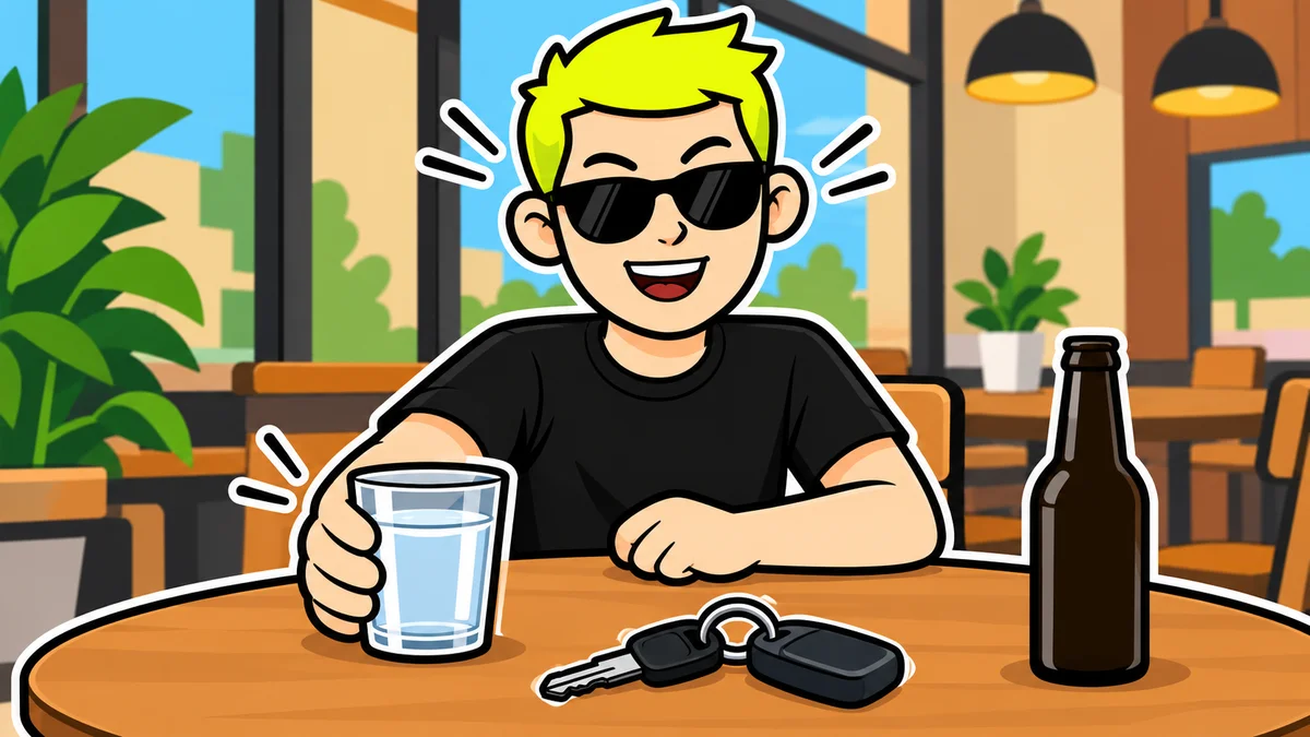 Ilustración de un joven eligiendo un vaso de agua junto a una botella sin etiqueta y unas llaves de coche