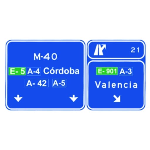 Senales sobre la calzada en autopista o autovia salida hacia autopista o autovia y direccion propia