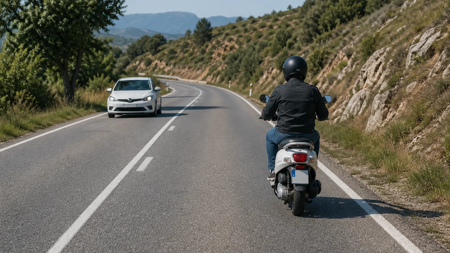 With a moped, on a two-way road with one lane in each direction, the normal position is to travel:
