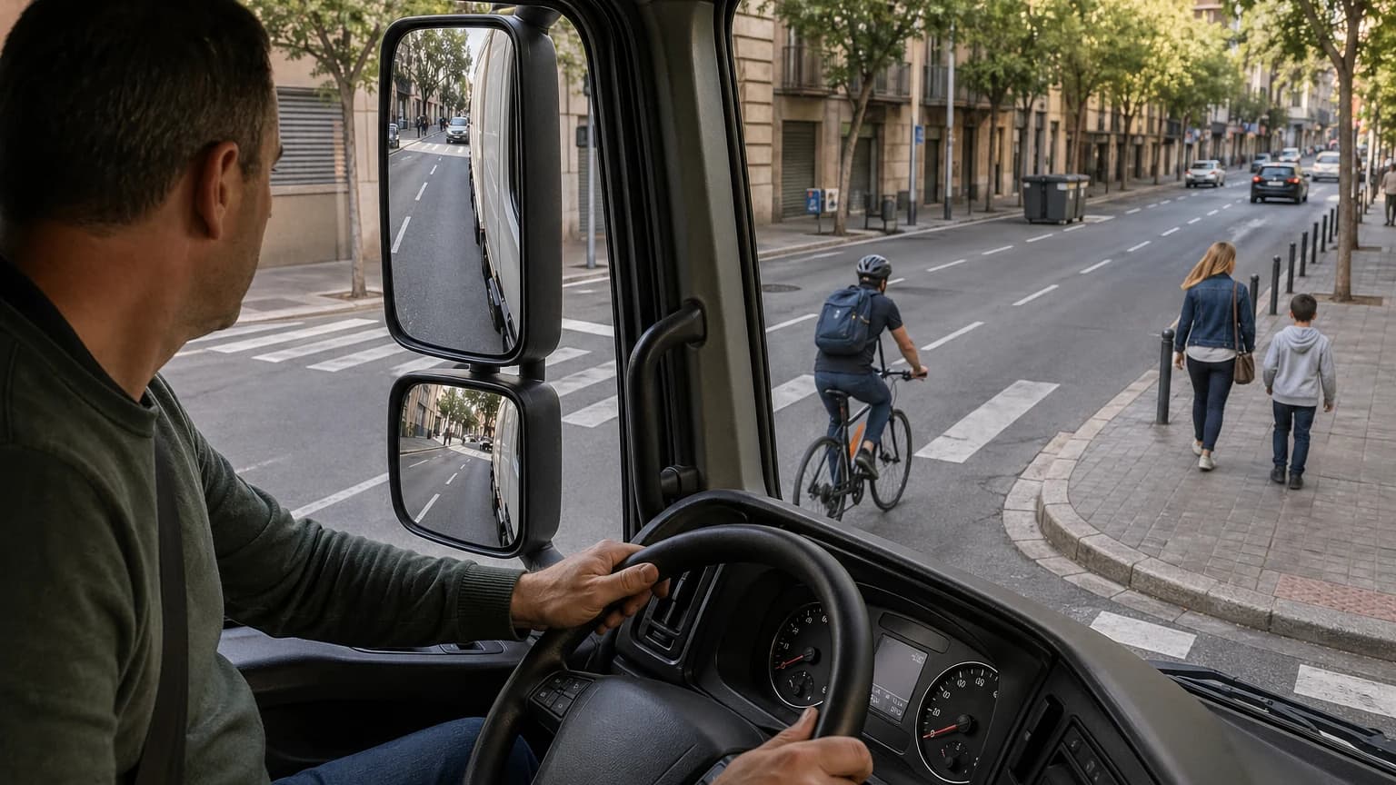 In a truck, why must you take extra care with nearby road users during turns and merging?