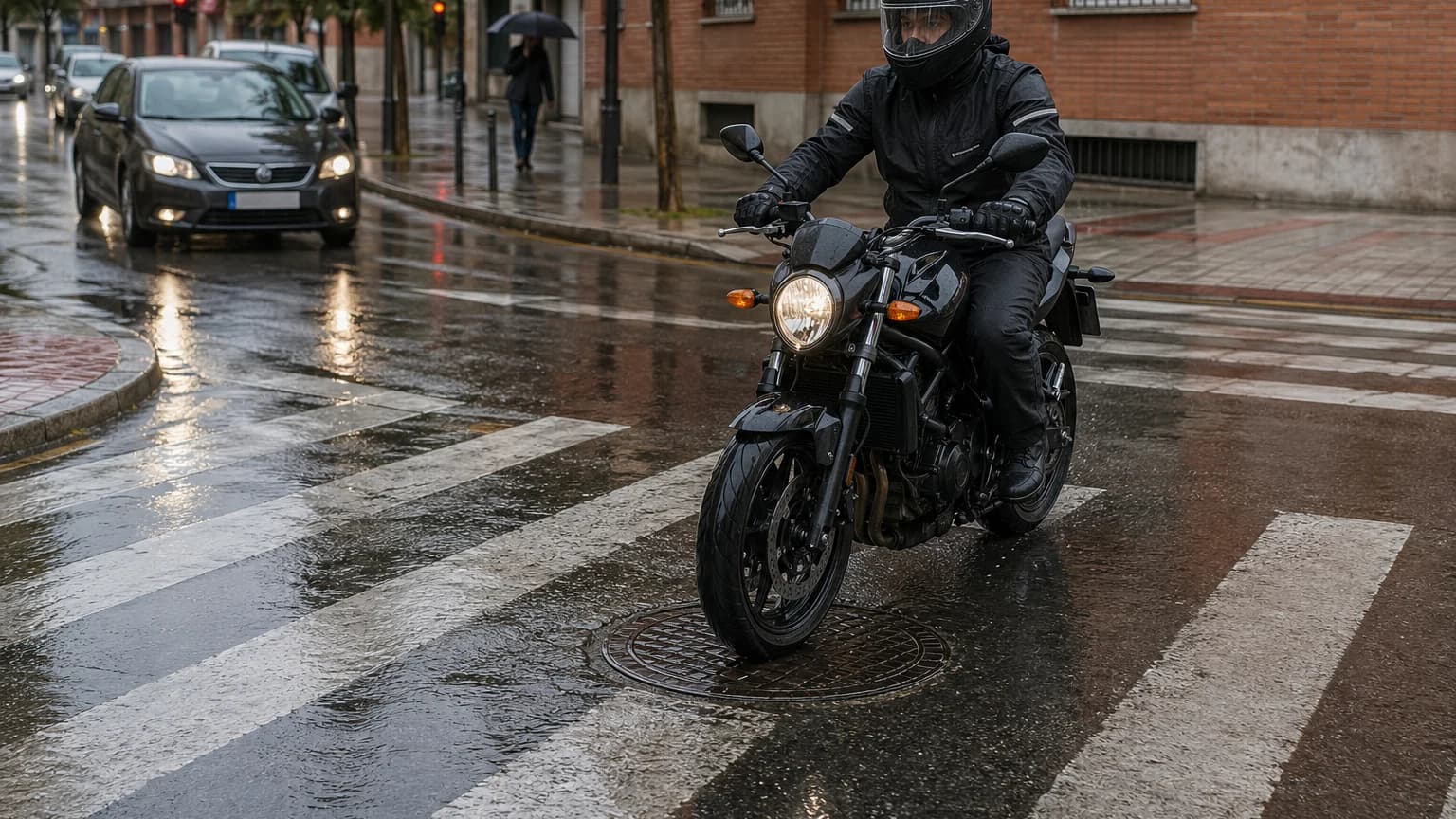 On which surface should a motorcycle take extra care because grip can be lost easily when wet?