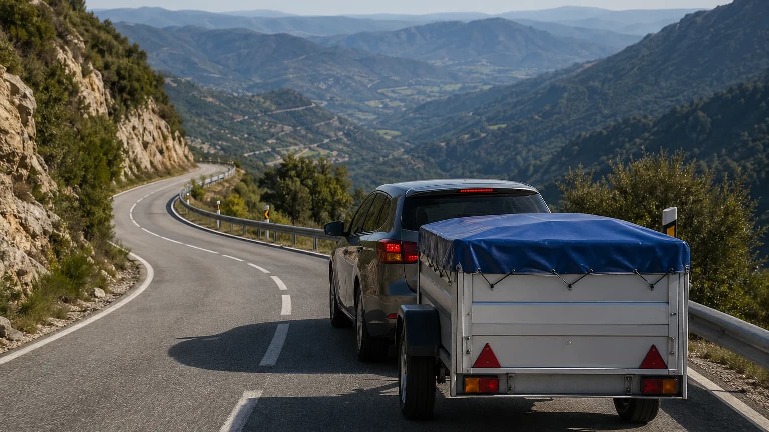 On a long downhill section with a trailer, the correct action is to: