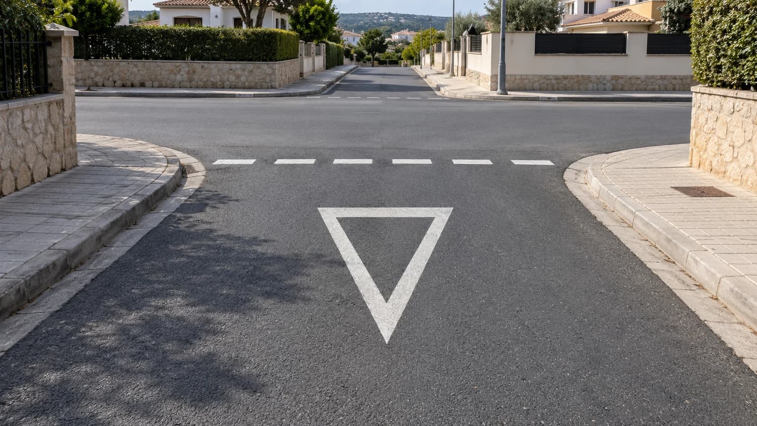 At the junction shown, what does the white triangle painted on the road require?