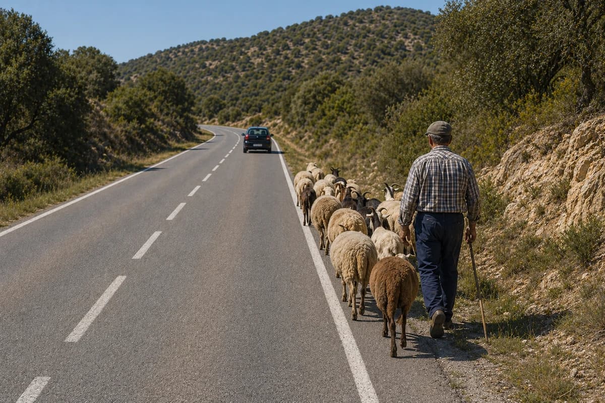 Un rebaño, en una carretera convencional en la que no existe vía pecuaria, ¿por dónde debe circular?