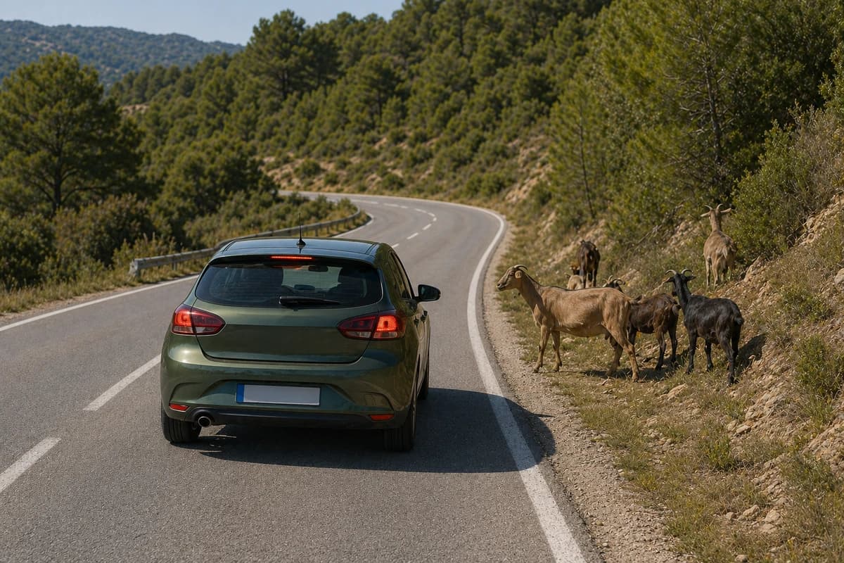 El conductor del vehículo verde, si prevé que los animales pueden invadir la vía, debe...