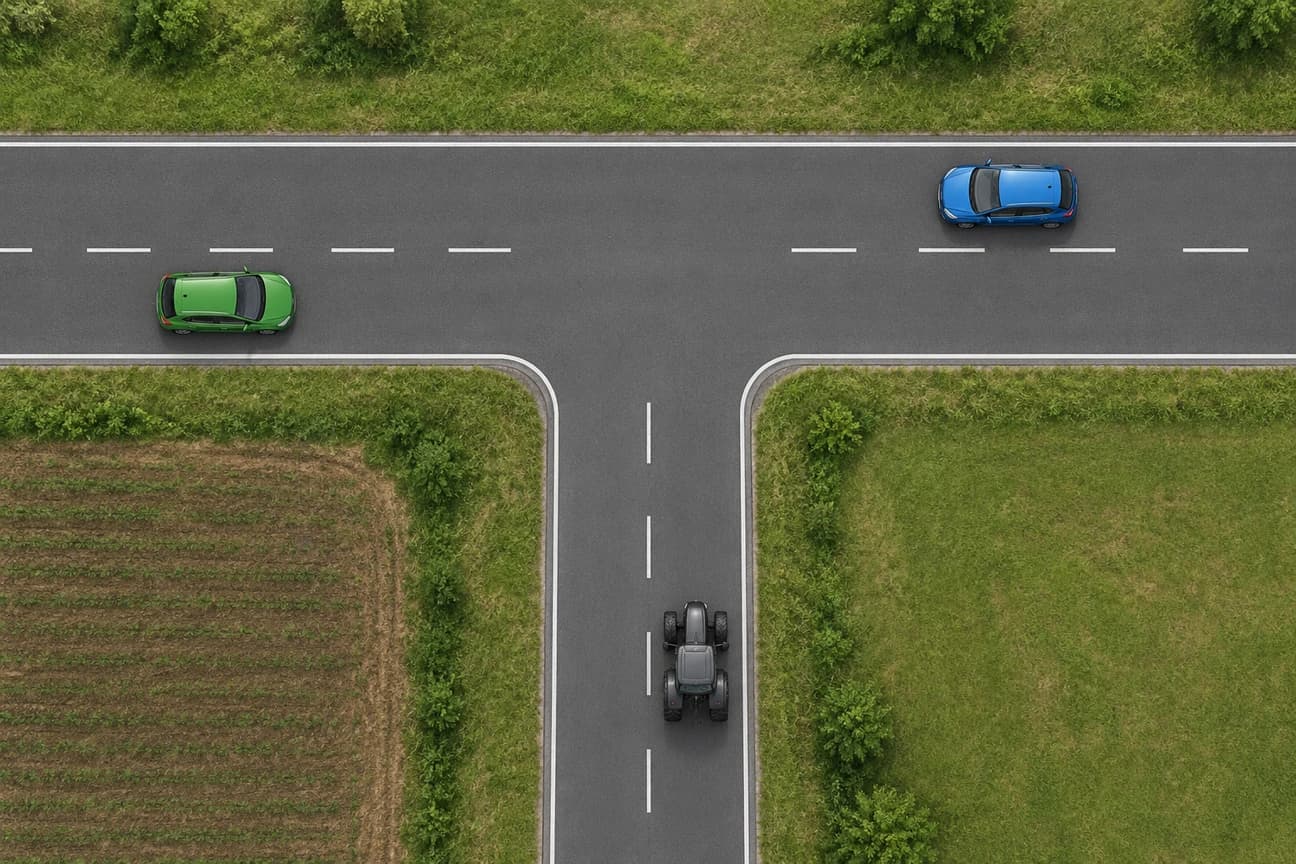 En esta intersección sin señalización de prioridad, con todas las vías pavimentadas por igual y trayectorias que se cruzan, ¿qué vehículo tiene prioridad según la regla general?