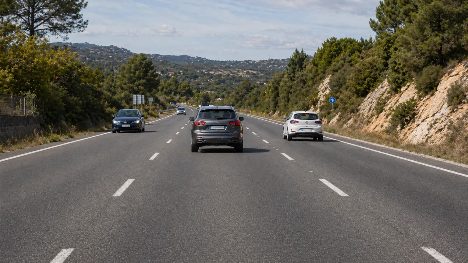 Circula por una calzada con dos sentidos y tres carriles, separados por marcas longitudinales discontinuas, ¿qué carril debe utilizar normalmente?