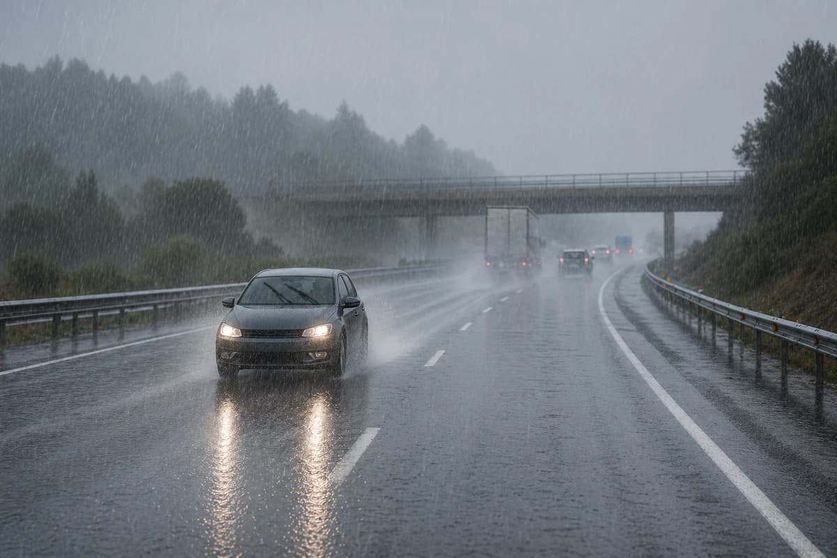 Circular por una autopista a 120 km/hora con lluvia intensa, es circular a una velocidad…