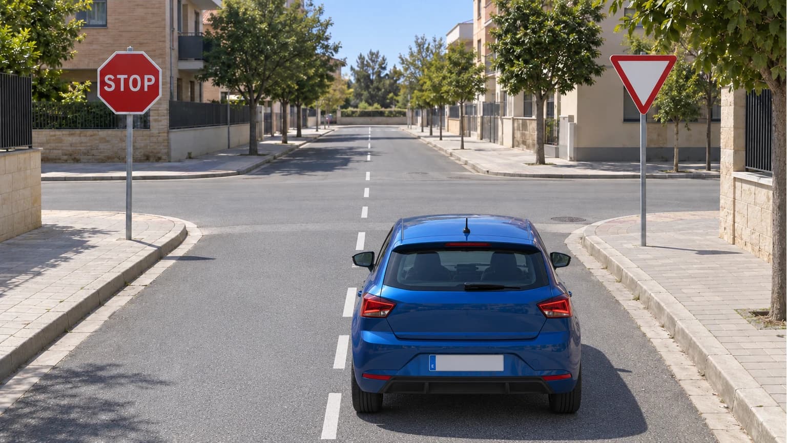 At this intersection, which sign must the blue vehicle obey in order to turn right?