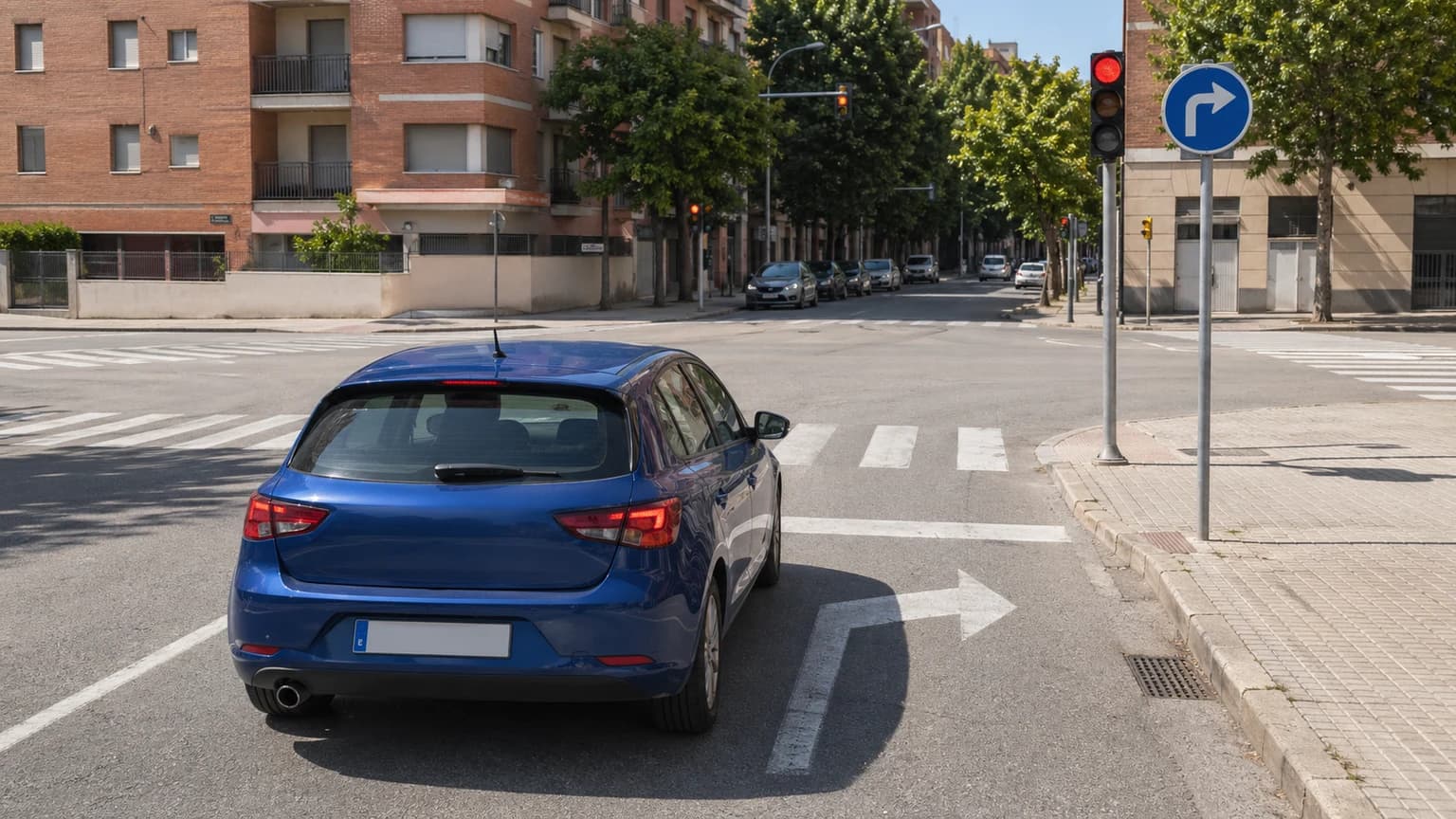 En esta intersección, ¿Qué señal debe obedecer el vehículo azul para girar a la derecha?