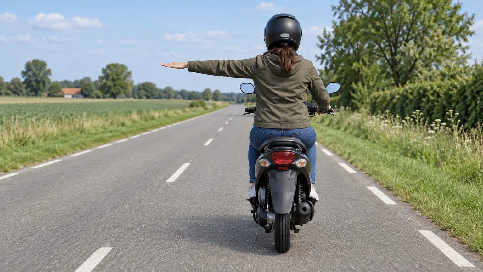 The moped rider moves his arm alternately up and down with short, rapid movements, passing through the position in the photograph. What does he signal?