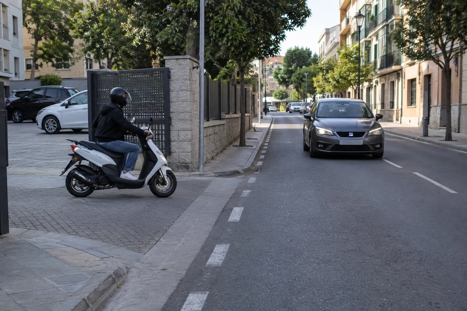The moped is leaving a parking area to join the road on which the car is already travelling. Does this give the moped priority over the car?