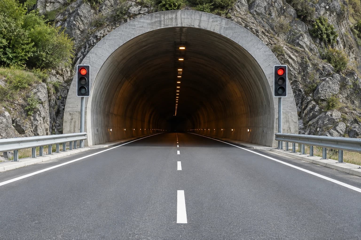 At the entrance to a tunnel you see these traffic lights on red. What should you do?