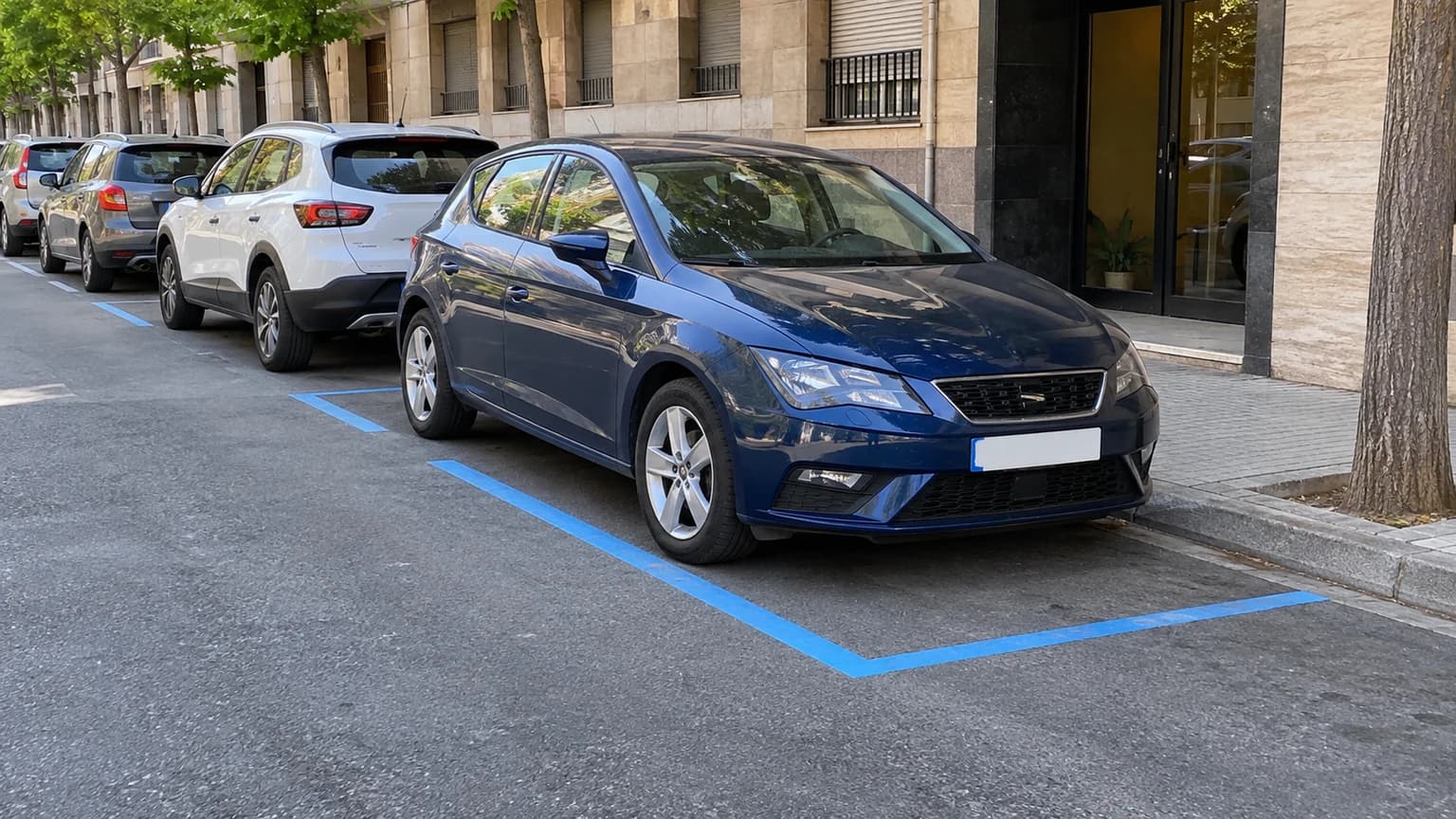 These blue markings outline spaces in a regulated parking zone. What should you bear in mind about parking duration?