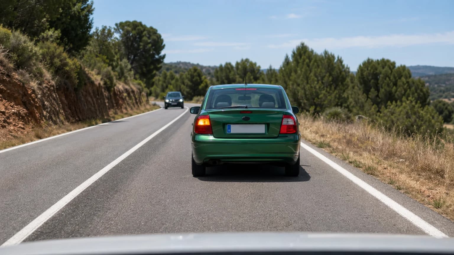 El vehículo verde tiene el intermitente izquierdo encendido. ¿Puede adelantarlo usted?