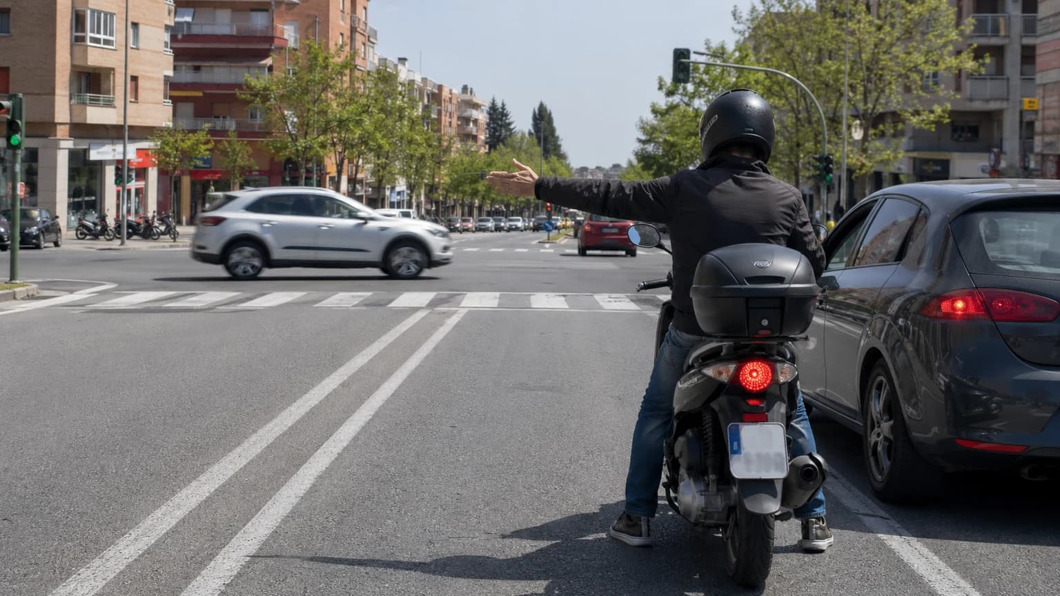 Siguiendo la señalización del cruce de la fotografía, ¿Podrá el conductor tomar la dirección indicada con el brazo?
