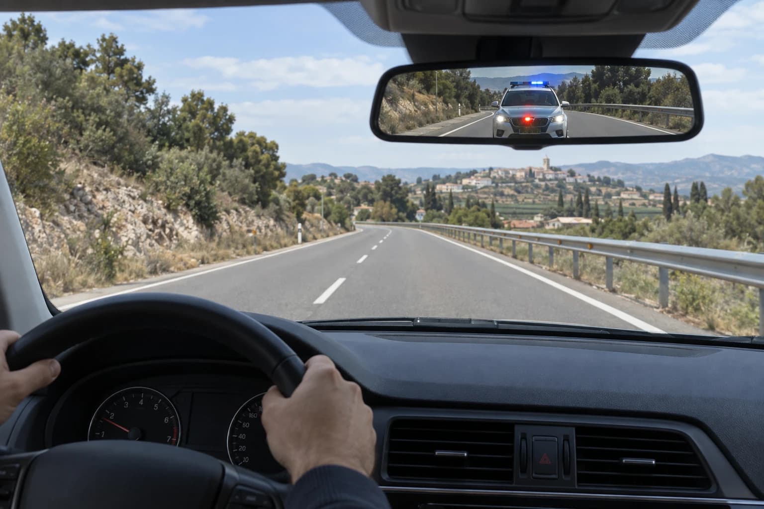 A marked police vehicle positions itself behind yours, as shown, and additionally activates a forward-facing flashing red light. What must you do?