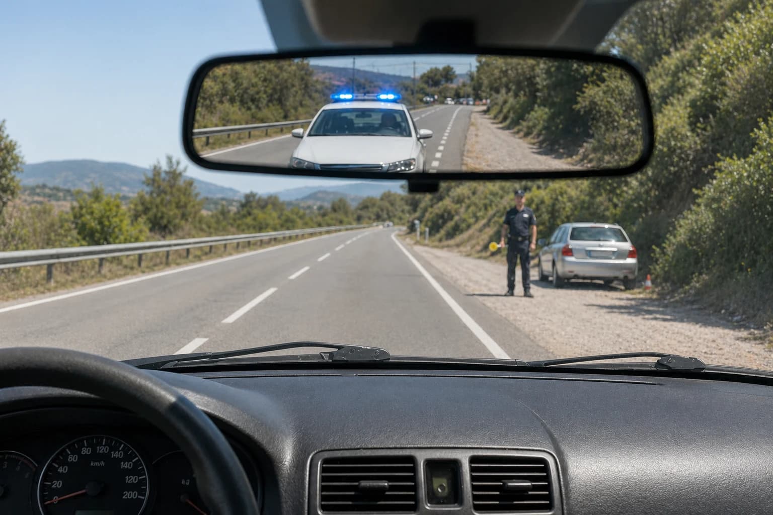 Si vemos el coche de policía que se muestra en la fotografía, por el espejo de atrás. ¿Qué deberemos hacer?