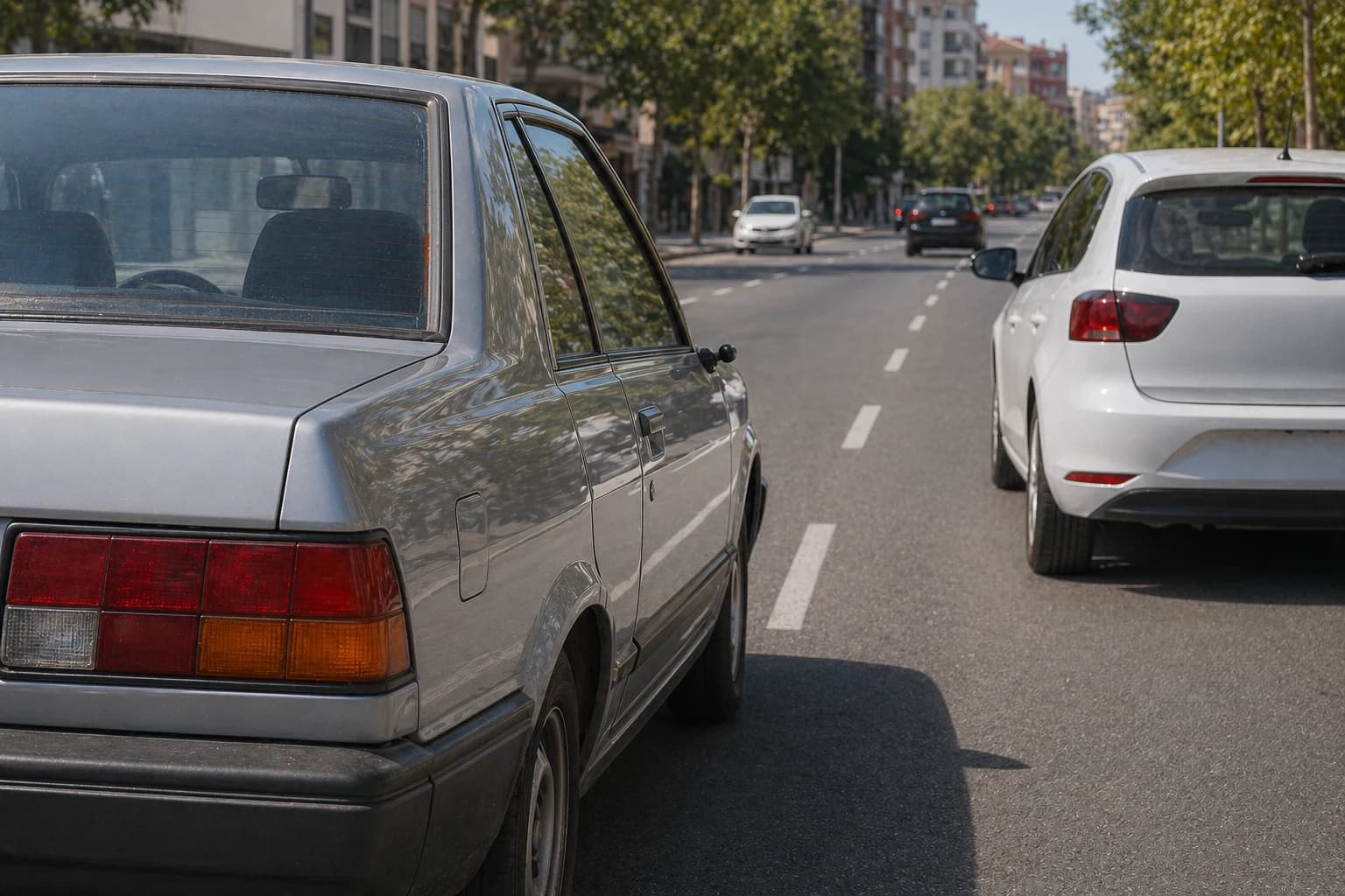 Usted circula por poblado y pretende adelantar por la derecha al vehículo que se ve en la fotografía, el cual no tiene espejo retrovisor exterior derecho. Ante esta situación...