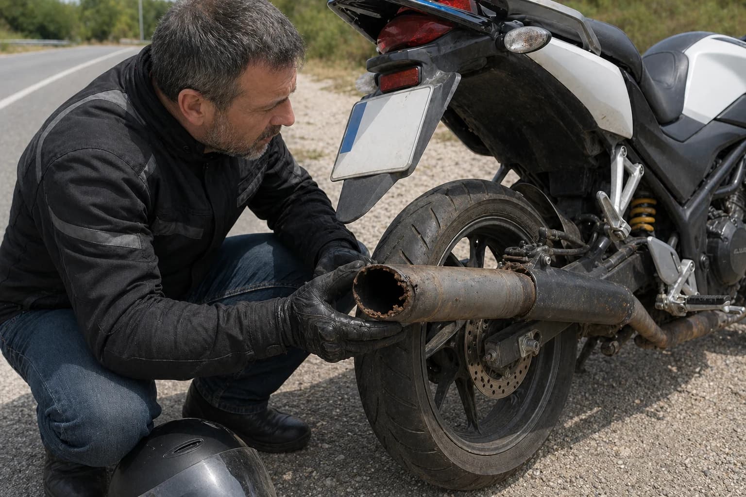 A la motocicleta de la fotografía se la ha averiado el dispositivo silenciador de explosiones y produce ruidos que molestan, ¿le está permitido circular en estas condiciones?