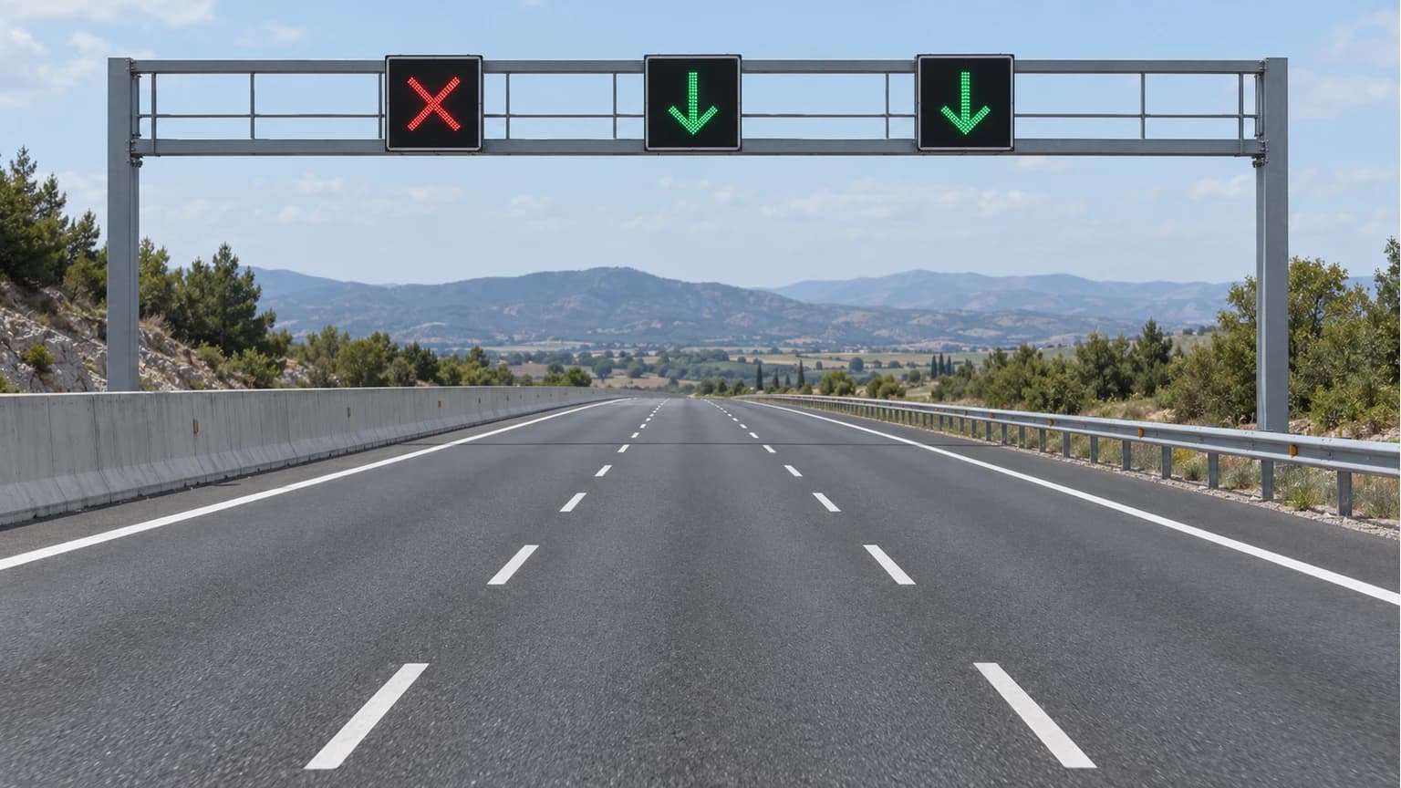 When viewing the signage in the photograph, which lanes may drivers use?