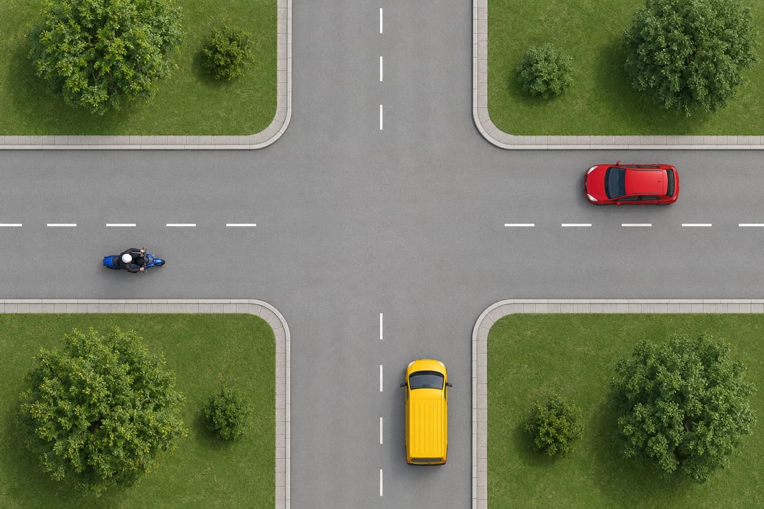 Los tres vehículos de la imagen llegan a una intersección sin señalización que regule la prioridad y quieren continuar de frente. Las dos vías están pavimentadas y no hay vehículos prioritarios en servicio de urgencia. ¿Quién tiene prioridad para pasar primero?