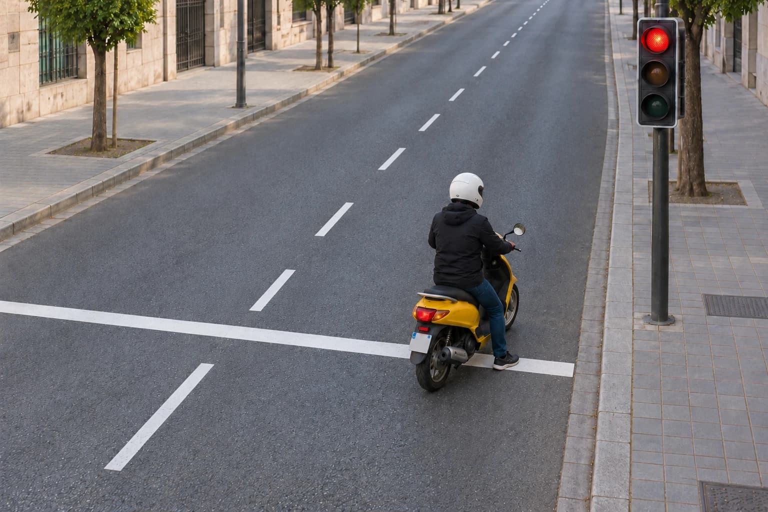 Look at the image: the moped is stopped at the red traffic light. Is its stopping position correct?