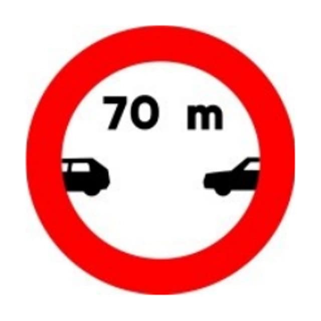 At the sign shown, while not carrying out an overtaking manoeuvre, what signposted gap must you keep from the vehicle ahead?