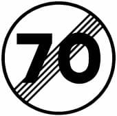 You drive a car without a trailer on a conventional road with a general 90 km/h limit and no other lower restriction. After the sign shown, may you exceed 70 km/h if safe?