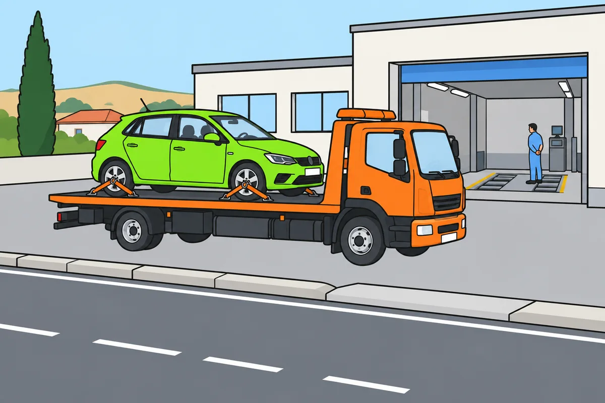 Un turismo verde está sujeto sobre la plataforma de una grúa naranja frente a una estación de inspección, con un inspector en la nave y una carretera vacía en primer plano.