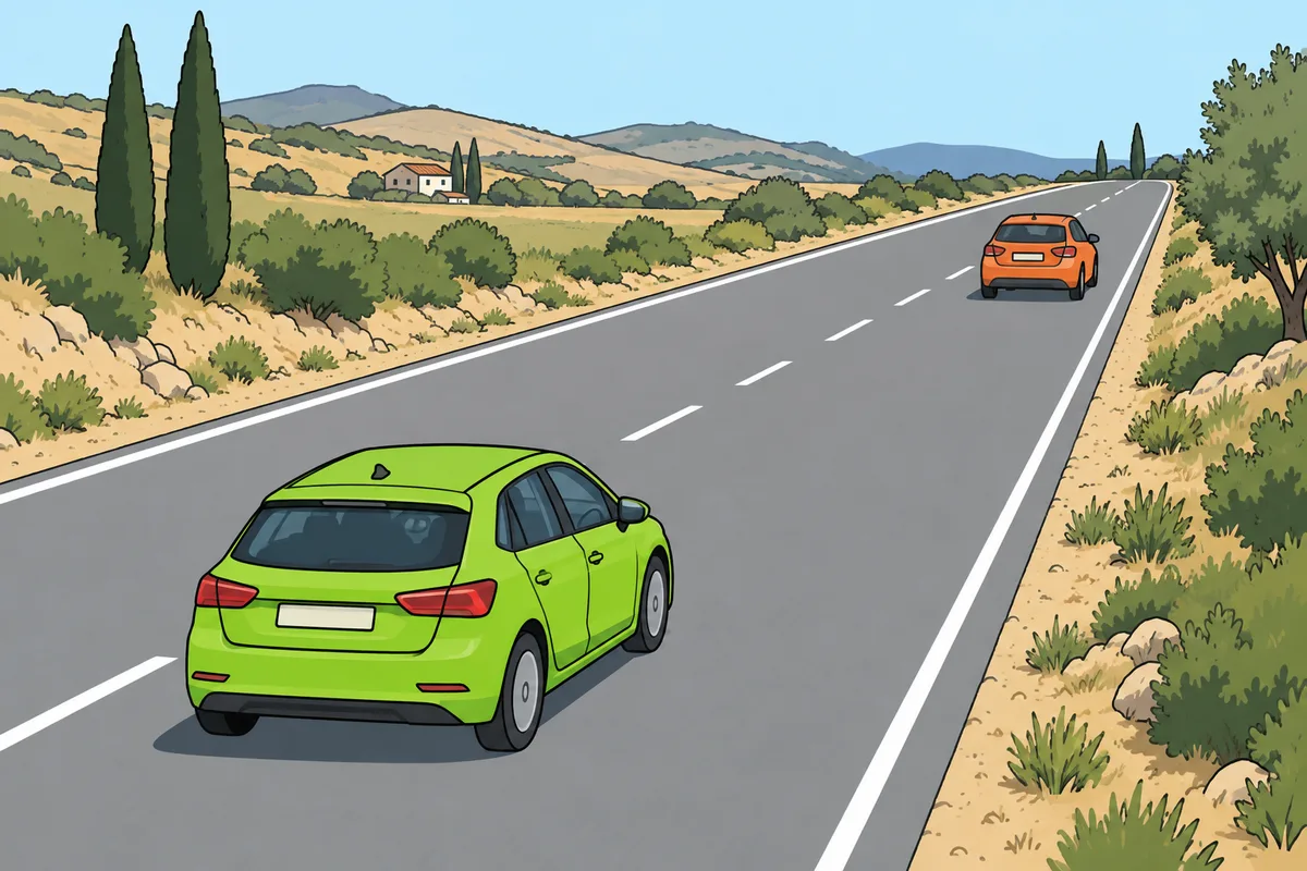 Un turismo verde sigue a otro naranja con amplia separación por el carril derecho de una carretera rural entre colinas y cipreses.