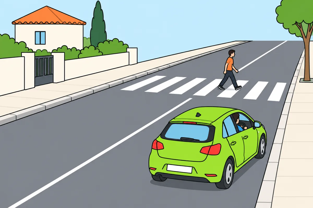 Un turismo verde permanece detenido en el carril derecho ante un paso de peatones por el que cruza una persona con camiseta naranja.